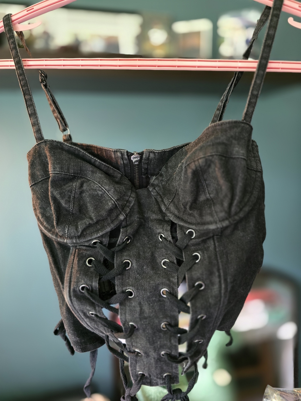 Current Mood Black Lace-Up Denim Bustier